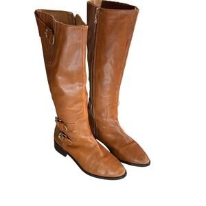 MICHAEL KORS Women Brown Leather Tatum Tall Riding Boots Gold Buckle SZ 7.5